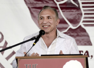International Boxing Hall of Fame inductee, Ray Mancini, smiles while giving his induction speech during the International Boxing Hall of Fame Induction ceremony in Canastota, N.Y., Sunday, June 14, 2015. (AP photos/Heather Ainsworth)